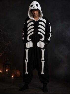 🎃 Black & White Skeleton Hooded Onesie Costume